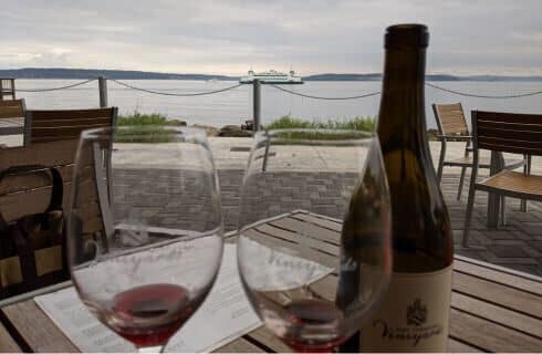 An outdoor area with tables and chairs, a bottle of wine and 2 wine glasses with remnants of red wine, overlooking the ocean with a cruise ship.