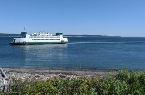 The ocean with a cruise liner sailing across the water.