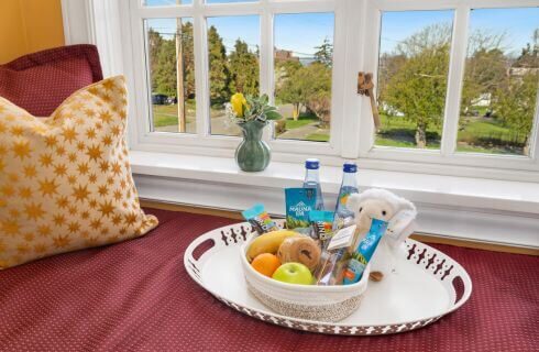 A sitting nook with a red cushion, and a tray of snacks and water bottles, with a vase of flowers in the windowsill and trees outside the window